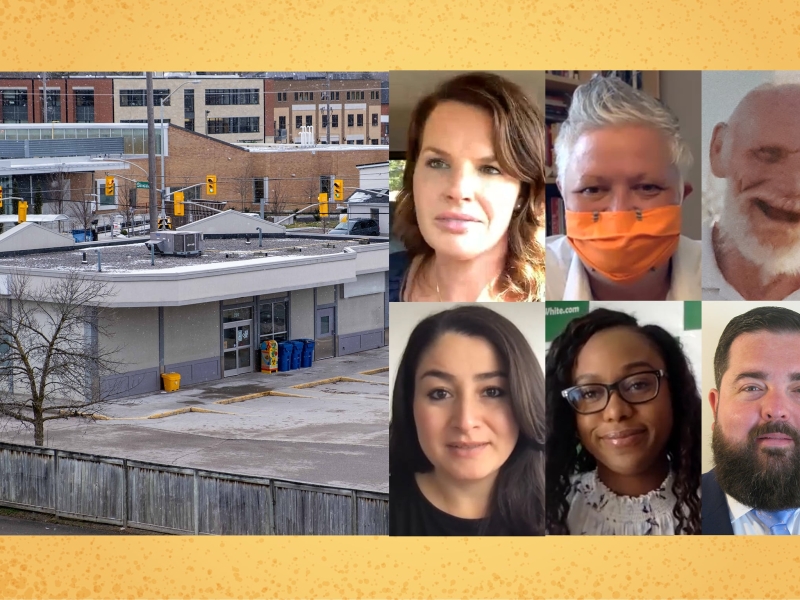 A composite image showing the approved safe consumption site and photos of the six candidates.