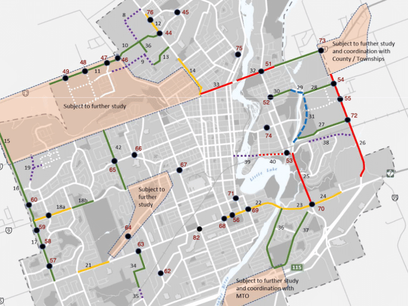 A map of Peterborough roads, some are highlighted.