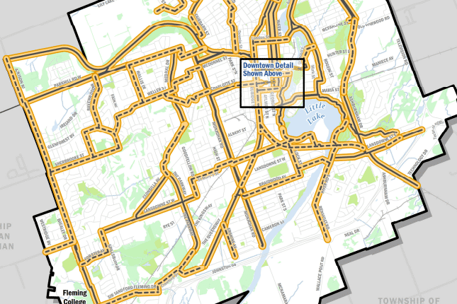 A map showing cycling routes along many major streets across Peterborough, as part of a planned crosstown cycling network.