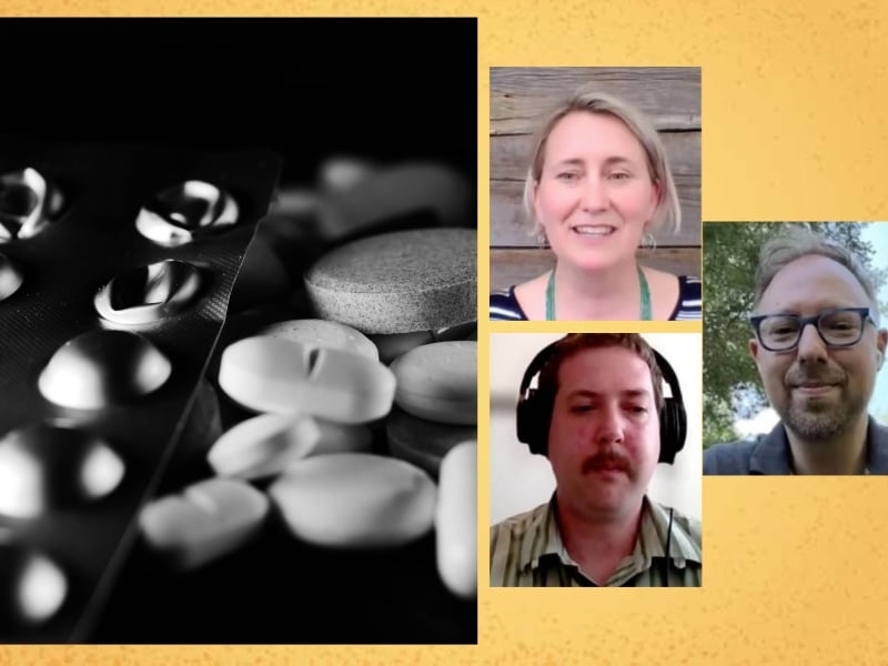 A collage of photos of pills and photos of three people